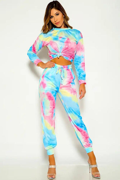 Blue Long Sleeve Tie Dye Two Piece Outfit - AMIClubwear