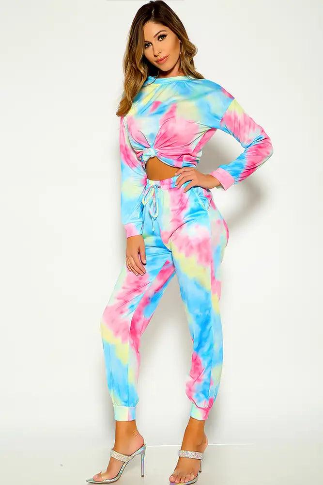 Blue Long Sleeve Tie Dye Two Piece Outfit - AMIClubwear