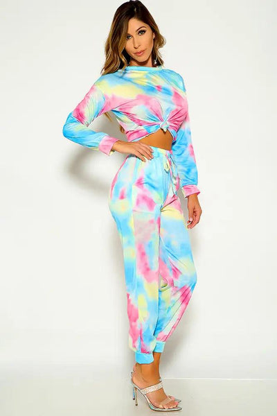 Blue Long Sleeve Tie Dye Two Piece Outfit - AMIClubwear