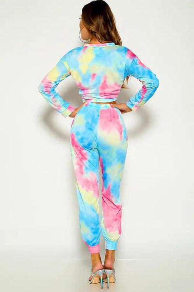 Blue Long Sleeve Tie Dye Two Piece Outfit - AMIClubwear