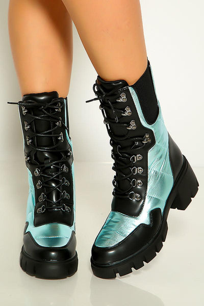 Blue Metallic Quilted Lace Up Combat Ankle Boots - AMIClubwear