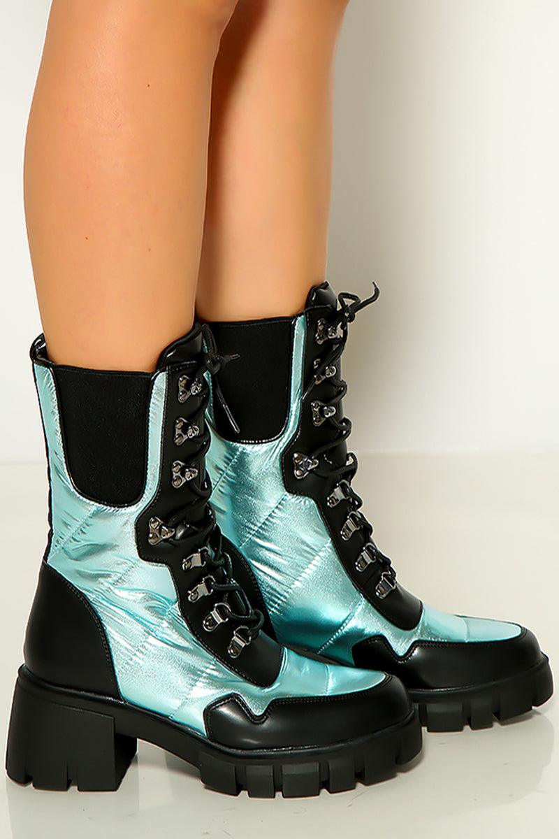 Blue Metallic Quilted Lace Up Combat Ankle Boots - AMIClubwear