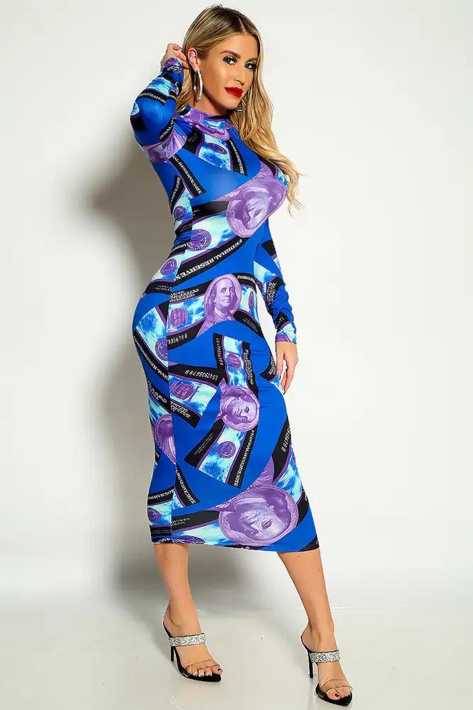 Blue Money Print Long Sleeve Mock Neck Midi Casual Dress - AMIClubwear