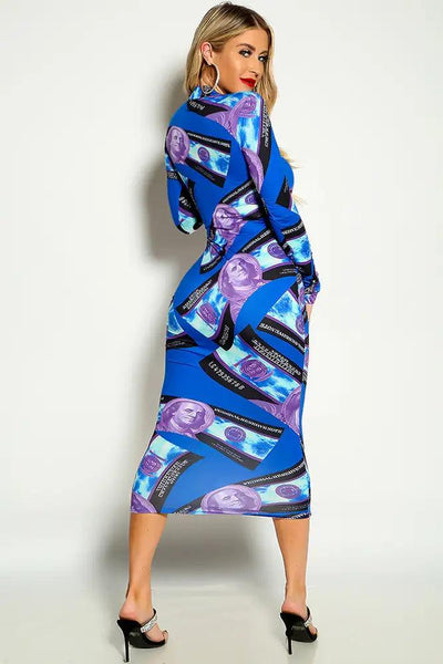 Blue Money Print Long Sleeve Mock Neck Midi Casual Dress - AMIClubwear