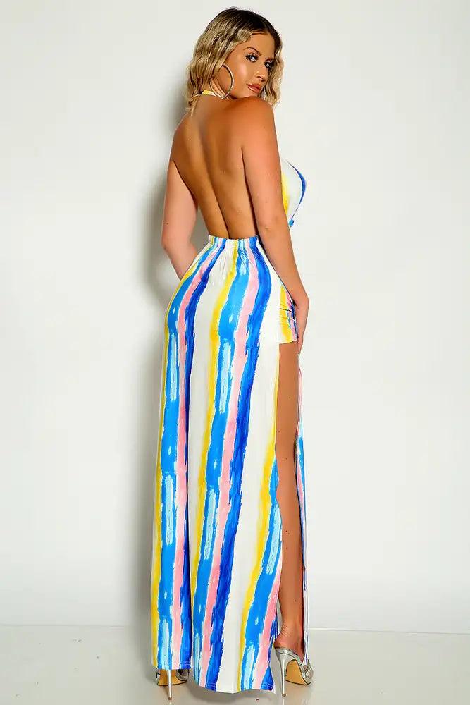 Blue Multi Colored Cross Halter Maxi Two Piece Shorts Outfit - AMIClubwear