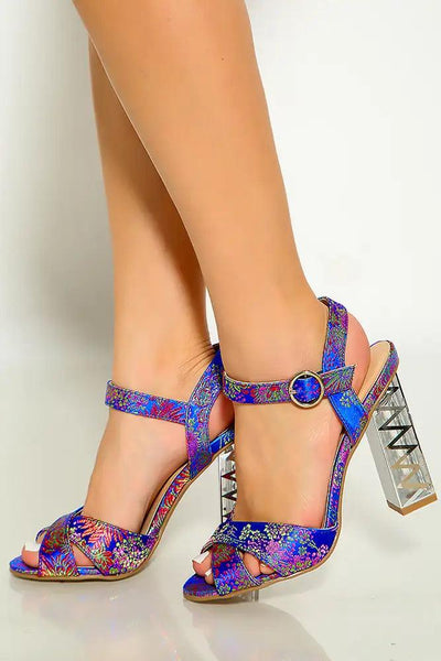 Blue Multi Embroidered Criss Cross Detailed Chunky High Heels - AMIClubwear