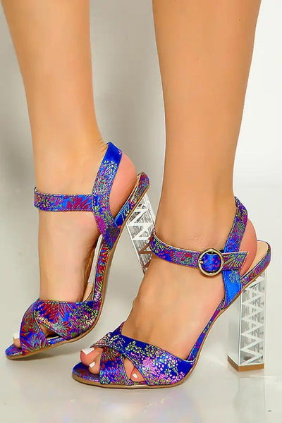 Blue Multi Embroidered Criss Cross Detailed Chunky High Heels - AMIClubwear