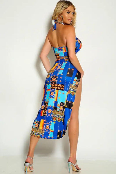 Blue Multi Graphic Print  Cross Halter Cut Out Side Slit - AMIClubwear