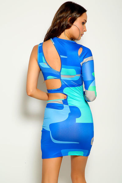 Blue Multi Printed Cut Out Sexy Party Dress - AMIClubwear