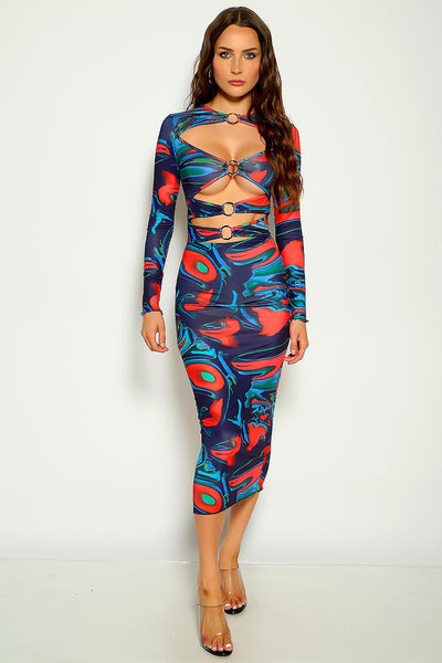 Blue Multi Printed Long Sleeves Sexy Party Dress - AMIClubwear