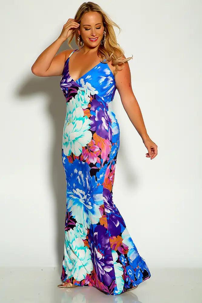 Blue Multi Sleeveless Floral Print Maxi Dress - AMIClubwear