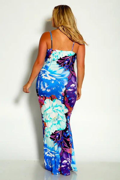 Blue Multi Sleeveless Floral Print Maxi Dress - AMIClubwear