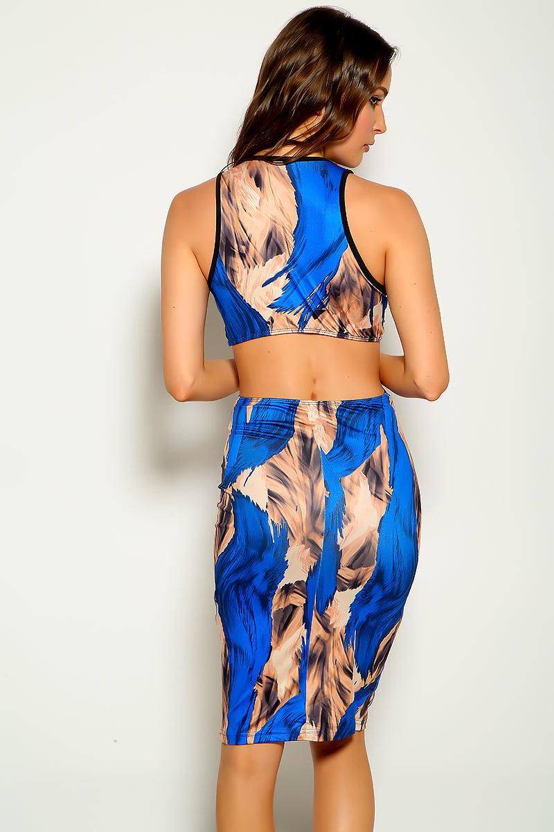 Blue Multi Sleeveless Printed Cut Out Sexy Party Dress - AMIClubwear