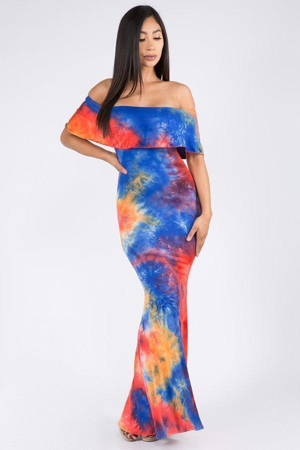 Blue Multi Tie Dye Off Shoulder Maxi Dress - AMIClubwear