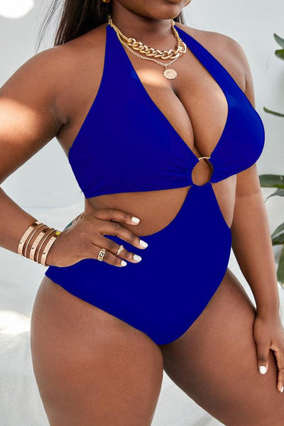 Blue O-Ring Halter One Piece Plus Size Swimsuit - AMIClubwear