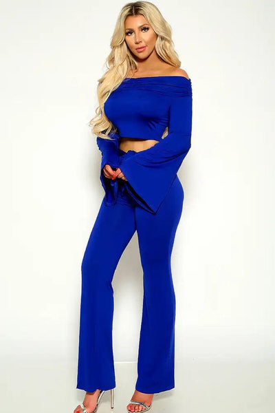 Blue Off The Shoulder Bell Sleeve Two Piece Outfit - AMIClubwear