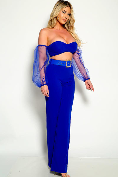 Blue Off The Shoulder Flared 3 Piece Outfit - AMIClubwear