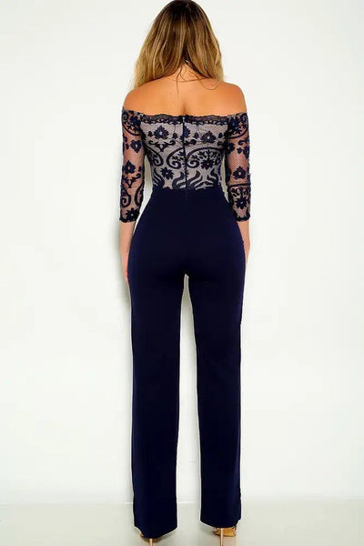 Blue Off The Shoulder Lace Embroidered Two Tone Jumpsuit - AMIClubwear