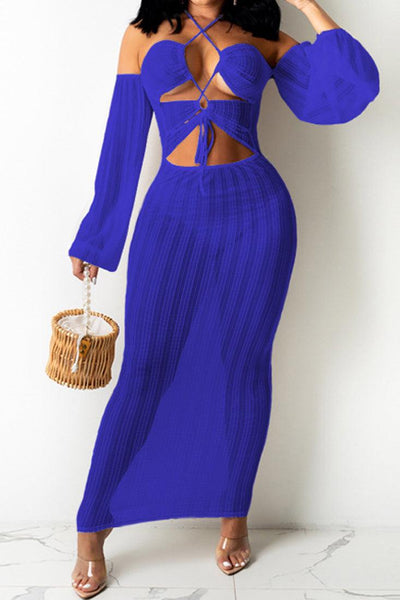 Blue Off The Shoulder Long Sleeve Maxi Sexy Party Dress - AMIClubwear