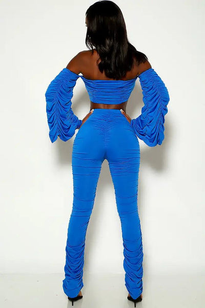 Blue Off the shoulder Ruched Two Piece Outfit - AMIClubwear