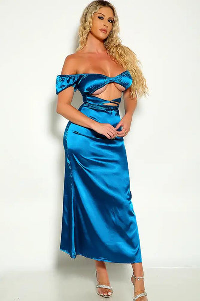 Blue Off The Shoulder Strappy Faux Satin Party Dress - AMIClubwear