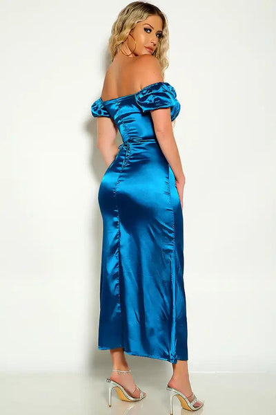 Blue Off The Shoulder Strappy Faux Satin Party Dress - AMIClubwear