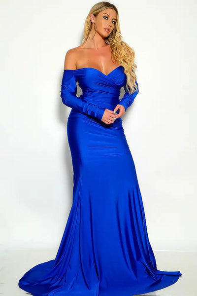 Blue Off The Shoulder Surplice Maxi Cocktail Dress - AMIClubwear