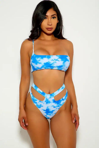 Blue One Shoulder Cut Out Two Piece Swimsuit - AMIClubwear