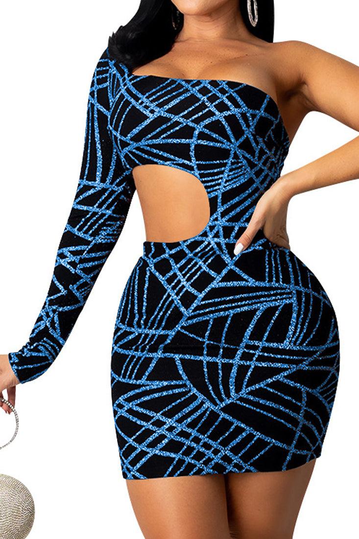 Blue One Sleeve Cut Out Asymmetrical Mini Party Dress - AMIClubwear