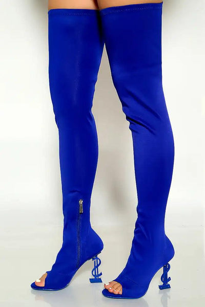 Blue Open Toe Lycra High Heel Thigh High Boots - AMIClubwear