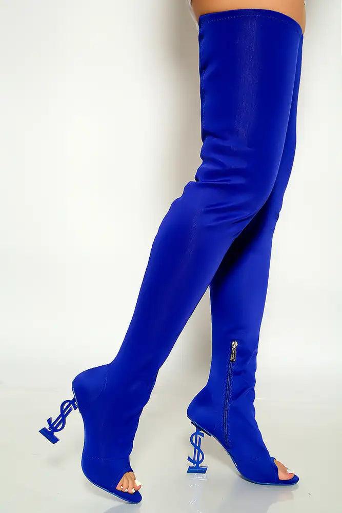 Blue Open Toe Lycra High Heel Thigh High Boots - AMIClubwear