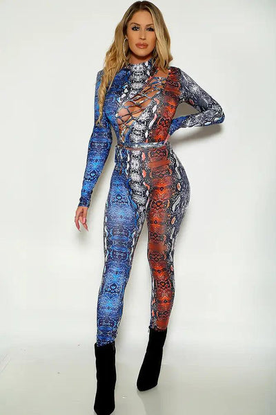 Blue Orange Mock Neck Lace Up Two Tone Jumpsuit - AMIClubwear