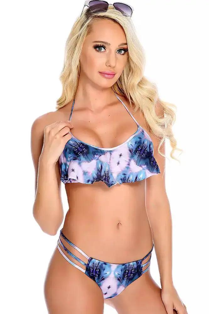 Blue Overlay Center Halter Tie Strappy Bikini Two Piece Swimsuit