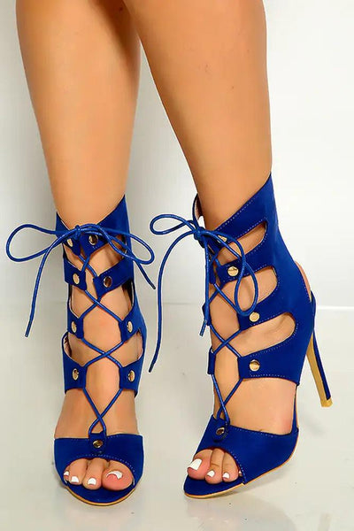 Blue Peep Toe Lace Cut Out Detail High Heels - AMIClubwear