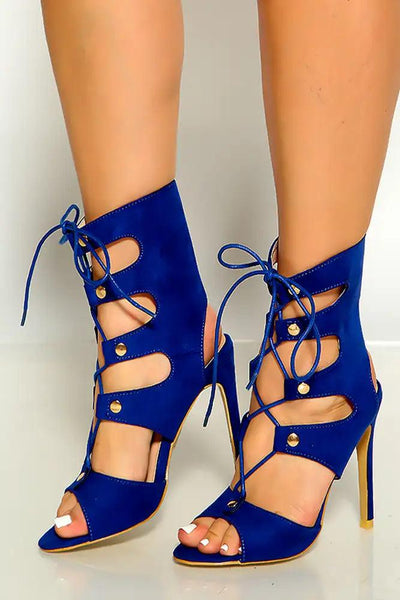 Blue Peep Toe Lace Cut Out Detail High Heels - AMIClubwear