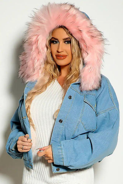 Blue Pink Faux Fur Denim Hooded  Cozy Jacket - AMIClubwear