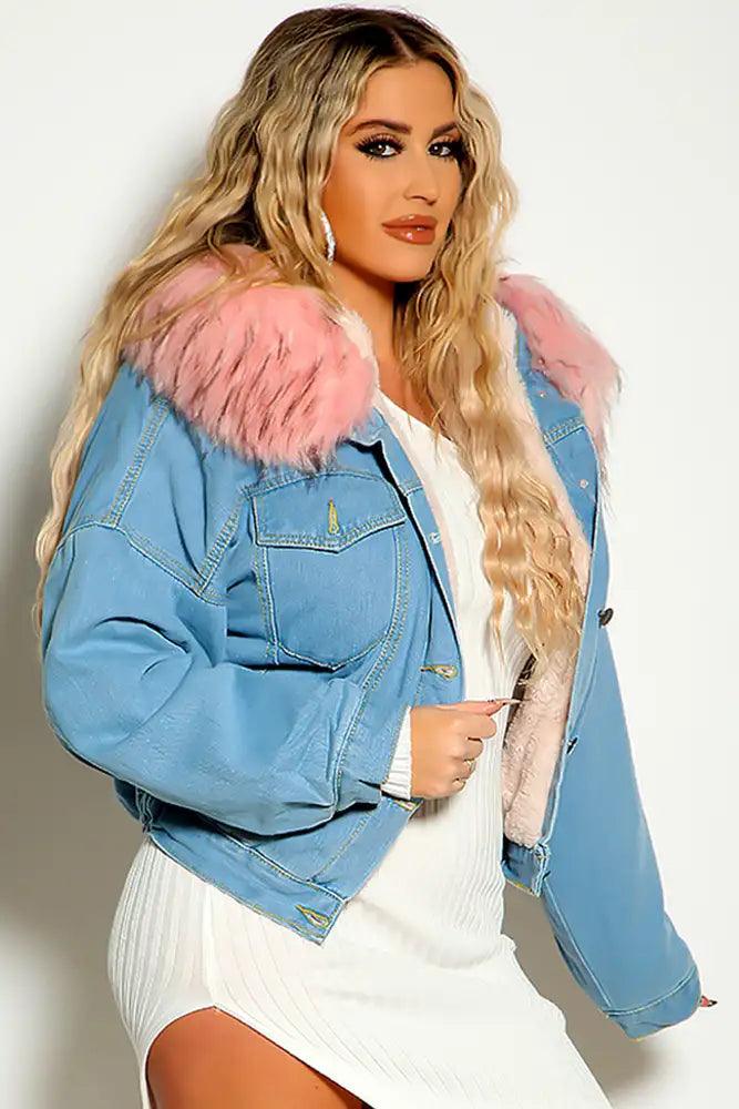 Blue Pink Faux Fur Denim Hooded  Cozy Jacket - AMIClubwear