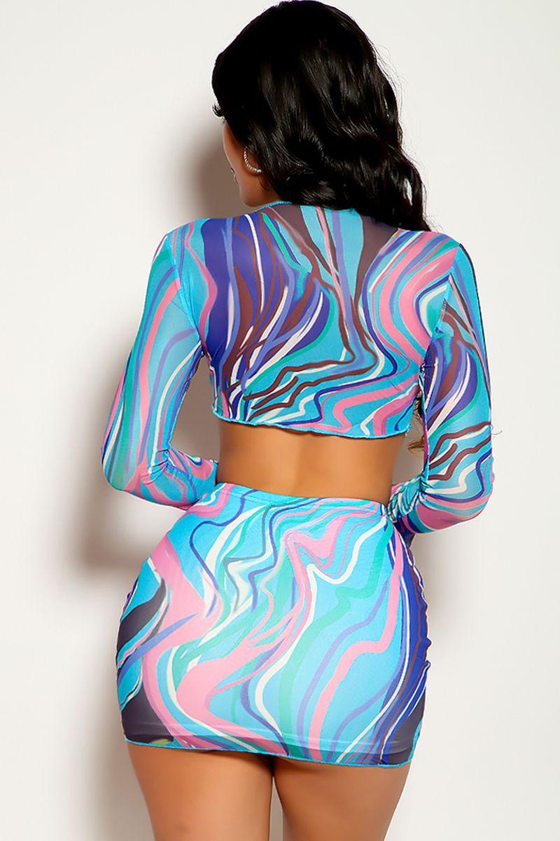 Blue Pink Long Sleeve Graphic Print Cropped Two Piece Dress - AMIClubwear