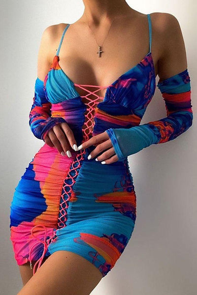 Blue Pink Off The Shoulder Long Sleeve Tie Dye Lace Up Ruched Party Dress - AMIClubwear