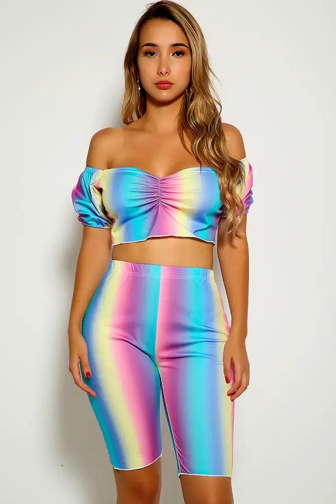 Blue Pink Off The Shoulder Two Piece Outfit - AMIClubwear