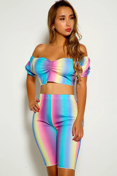 Blue Pink Off The Shoulder Two Piece Outfit - AMIClubwear