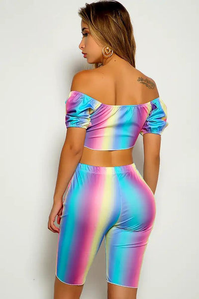 Blue Pink Off The Shoulder Two Piece Outfit - AMIClubwear