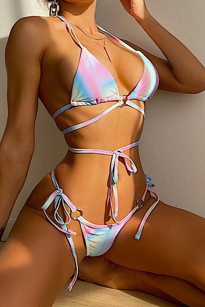 Blue Pink Strappy O-Ring Two Piece Swimsuit - AMIClubwear