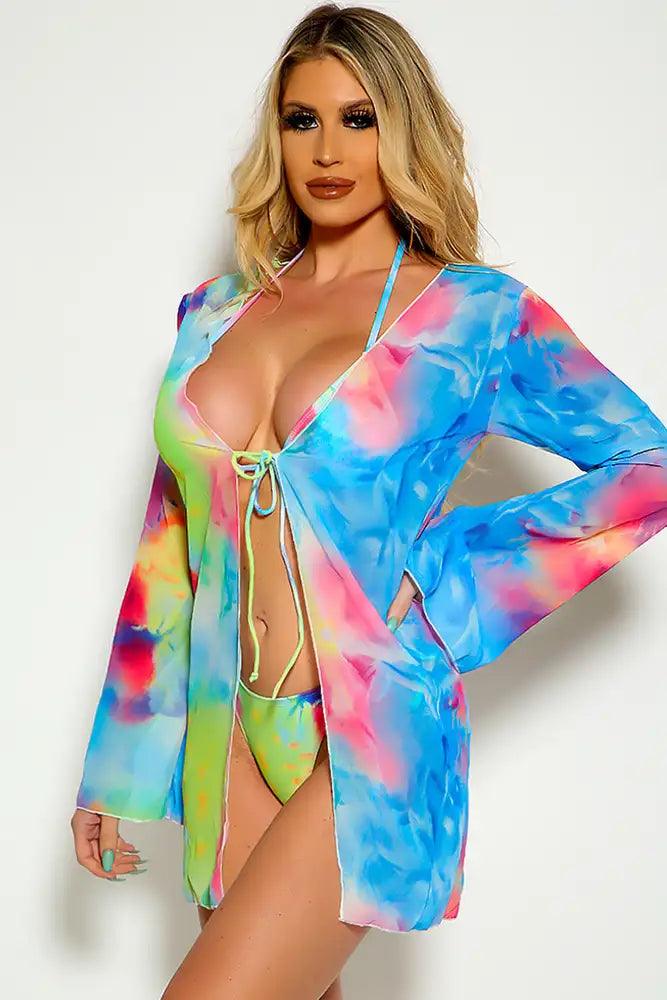 Blue Pink Tie Dye Halter Swimsuit Cover Up Three Piece Set - AMIClubwear