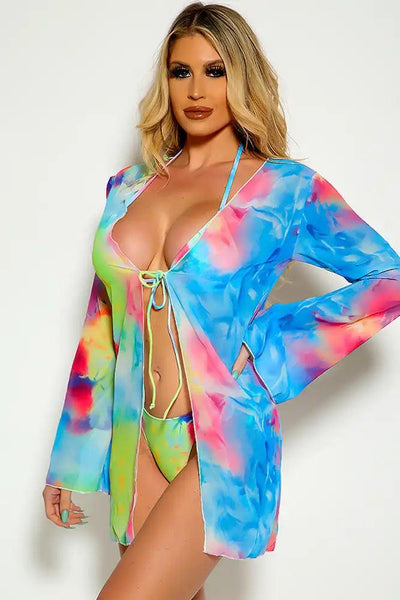 Blue Pink Tie Dye Halter Swimsuit Cover Up Three Piece Set - AMIClubwear