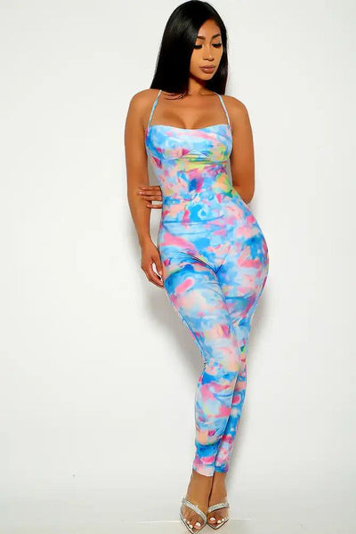 Blue Pink Tie Dye Print Jumpsuit - AMIClubwear