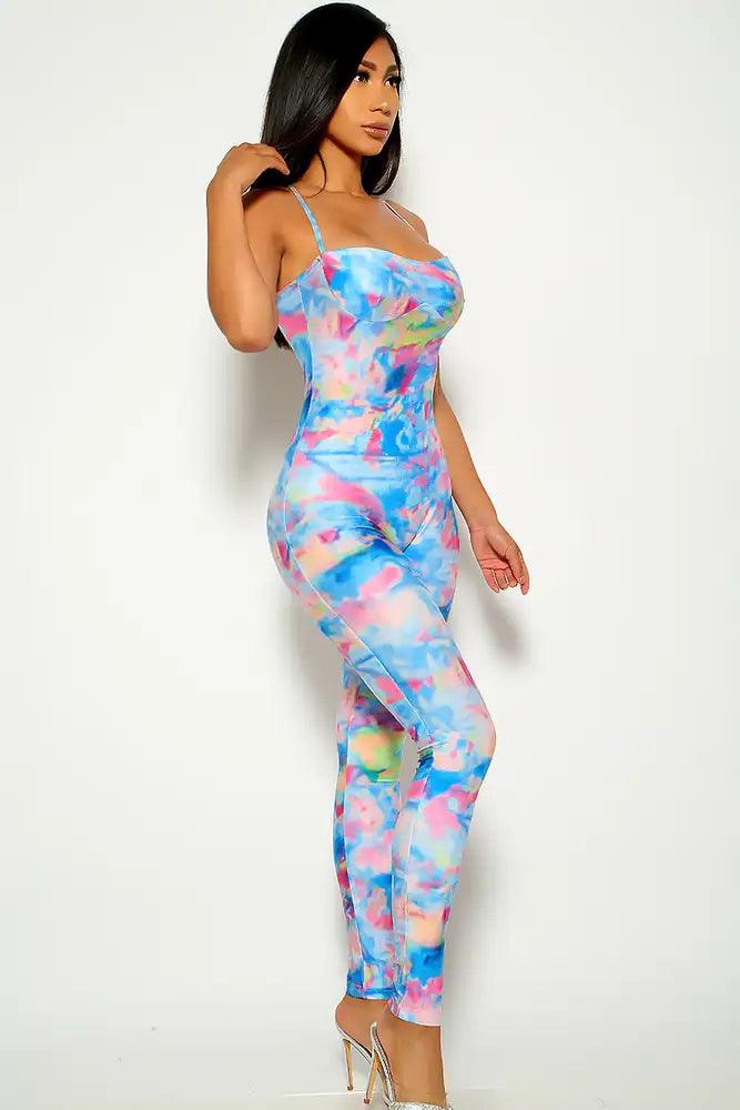 Blue Pink Tie Dye Print Jumpsuit - AMIClubwear