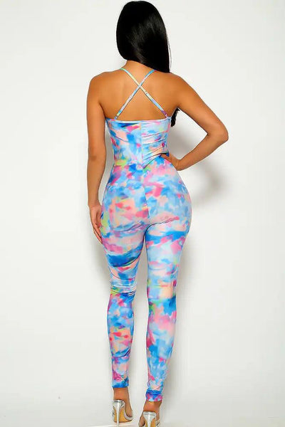 Blue Pink Tie Dye Print Jumpsuit - AMIClubwear