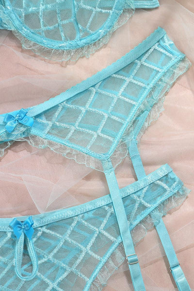 Blue Plaid Sheer Mesh Garter Lace Trim Underwire Lingerie Choker Set - AMIClubwear