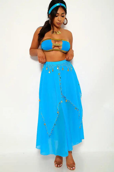 Blue Princess J Halloween Gold Strappy Long Costume - AMIClubwear